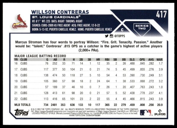 2023 Topps Series 2 Willson Contreras #417 (Back)