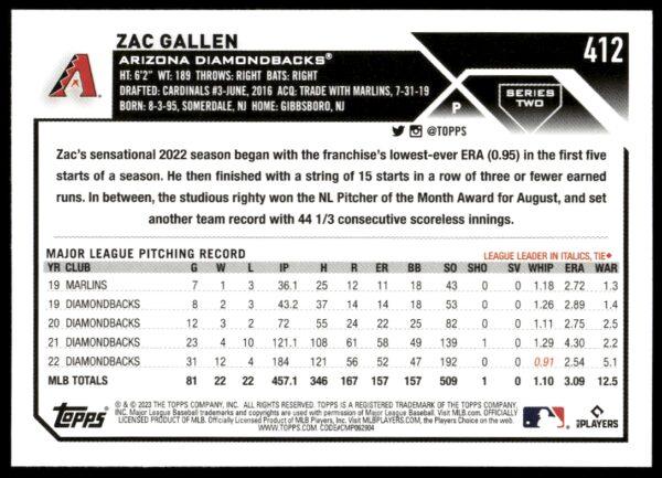 2023 Topps Series 2 Zac Gallen #412 (Back)