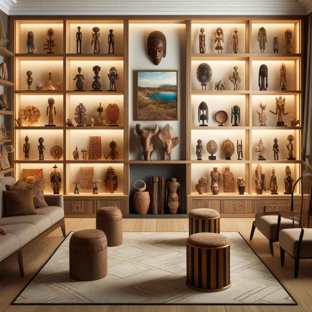 Elegant home gallery with diverse artifacts from Africa, Asia, and South America.
