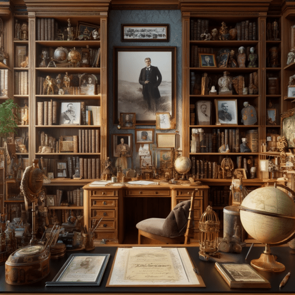 Vintage study room with historical memorabilia, books, and scholarly instruments.