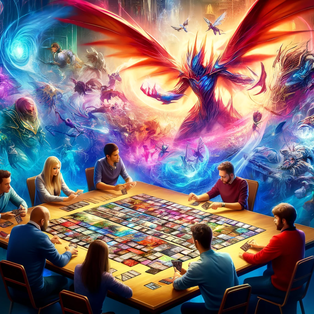 Group of players immersed in a colorful Magic: The Gathering game session.