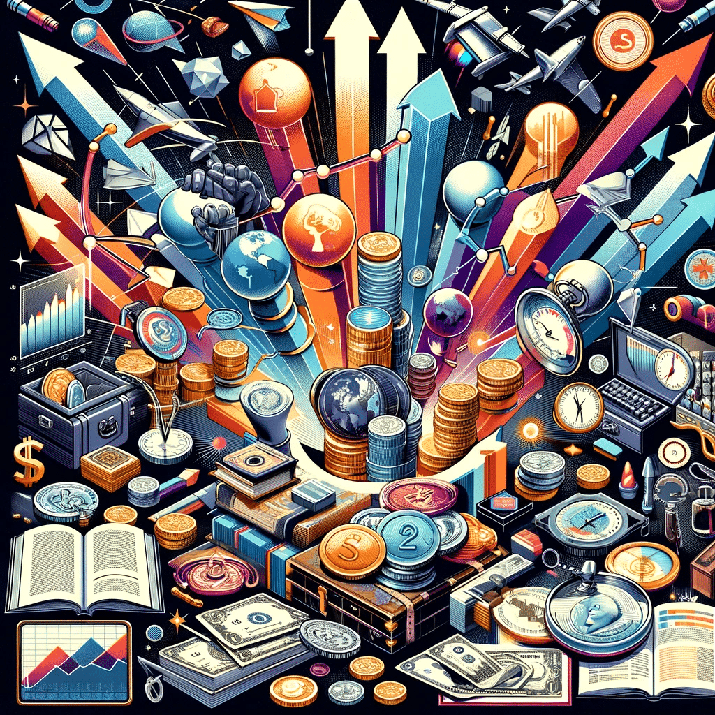 Vibrant illustration of financial dynamics, wealth symbols, and market analysis tools for collectibles trading.