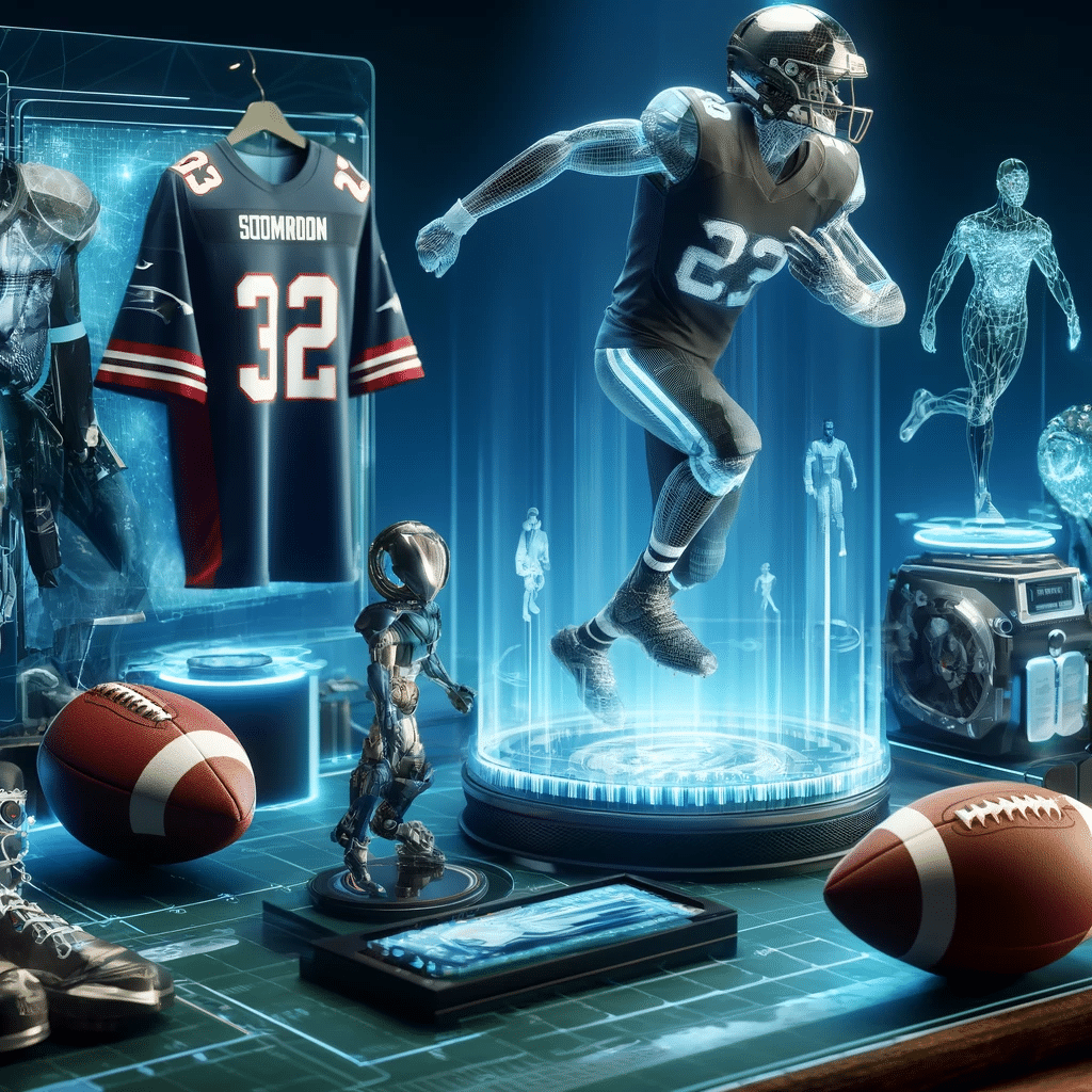 Futuristic American football memorabilia display with holograms and traditional gear.