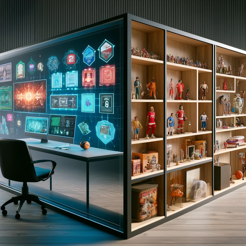 Modern office with advanced digital display and diverse collectible showcase.