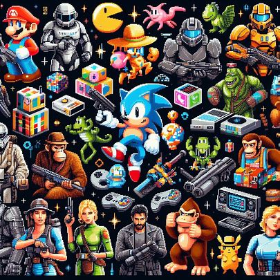 Colorful collage of iconic video game characters in dynamic poses.