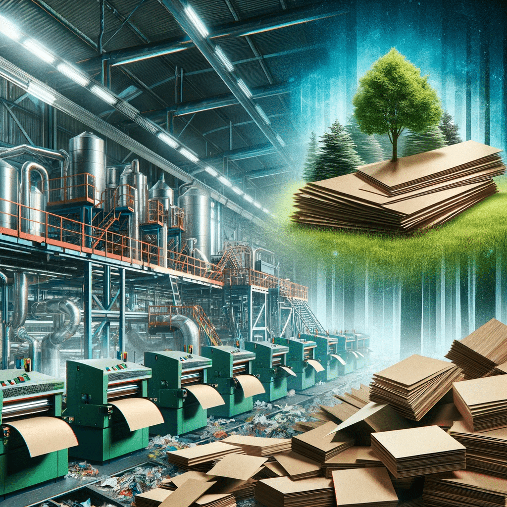 Industrial machinery contrasts with a natural scene featuring a tree on books under a radiant sky.