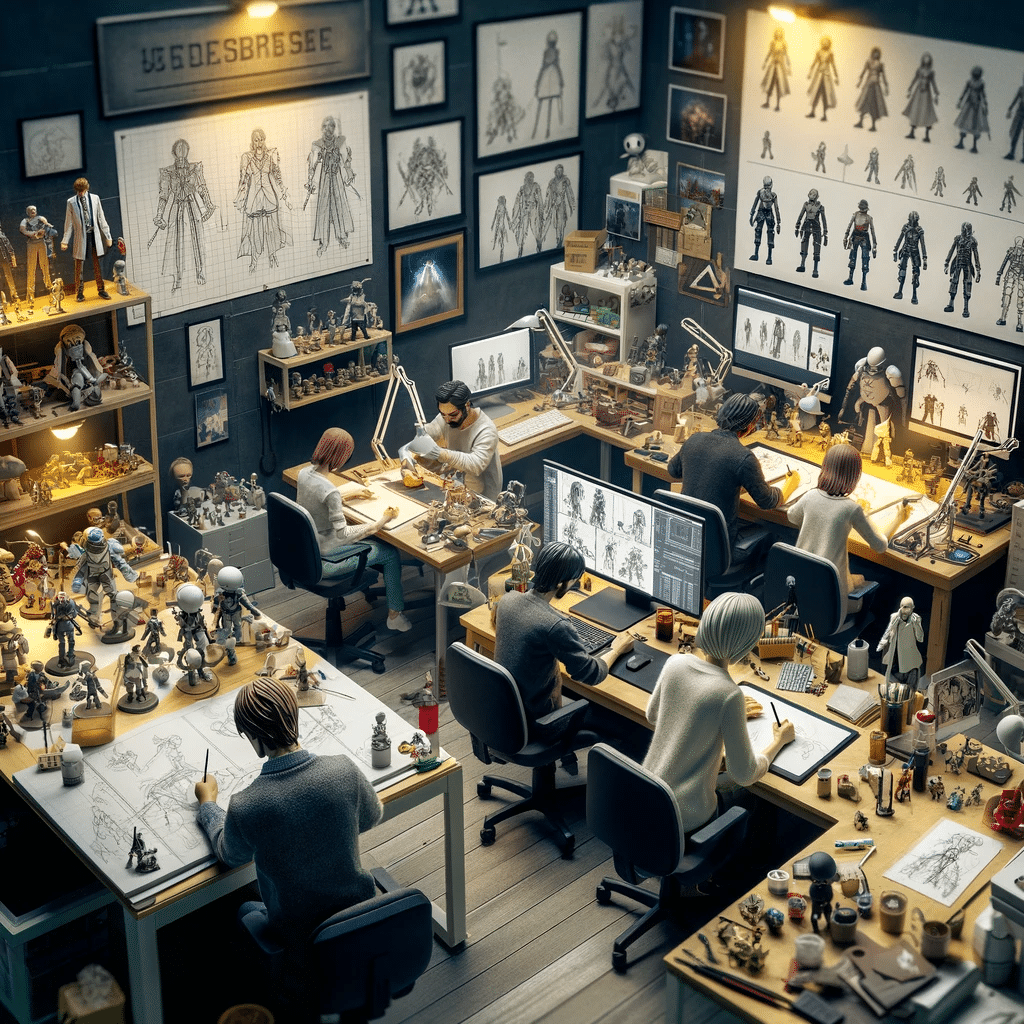 Detailed miniature model of a video game collectibles design studio with artists at work.