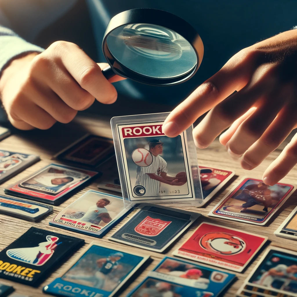 Collector inspects rookie sports cards with magnifying glass, focusing on logos and print quality.