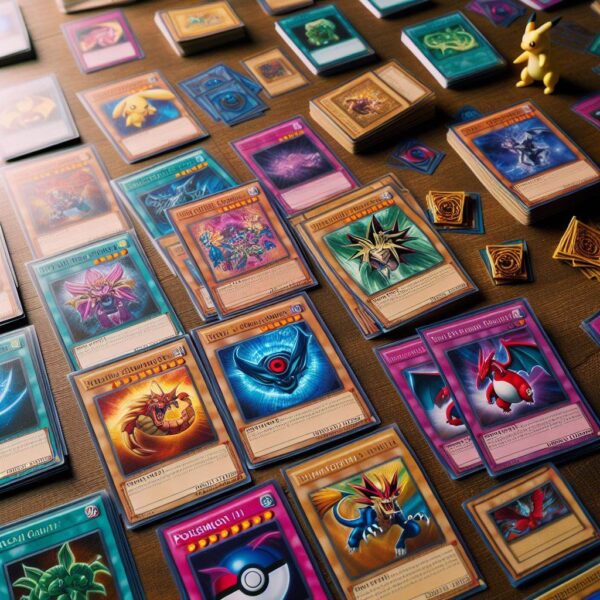 Colorful array of scattered Pokemon and Yu-Gi-Oh trading cards.