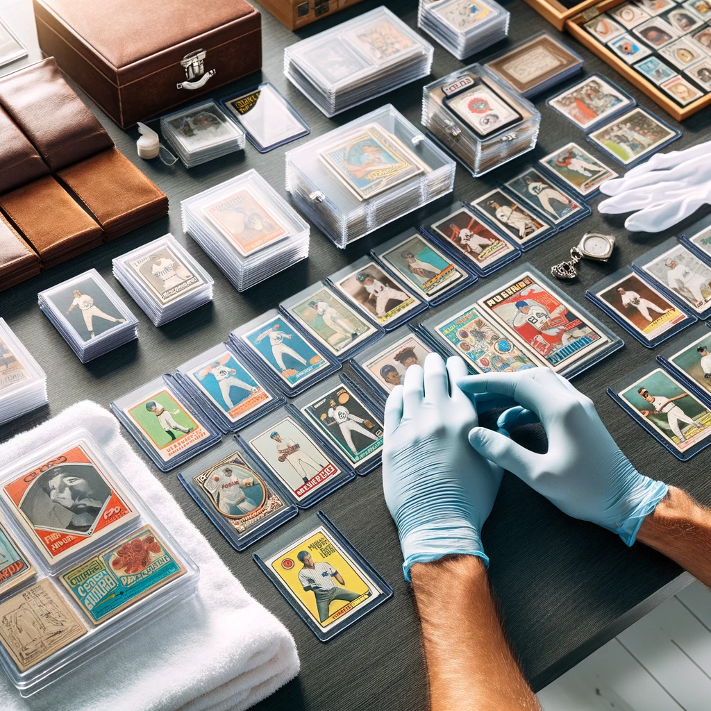Vintage baseball cards collection displayed on wooden table with protective handling.