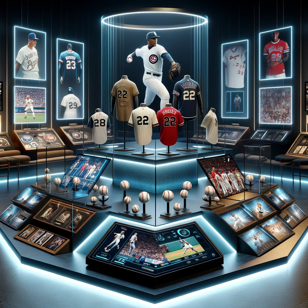 Futuristic baseball memorabilia exhibition with digital and physical displays of a legendary player.