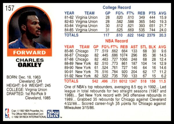 1992-93 Hoops Series 1 Charles Oakley #157 (Back)