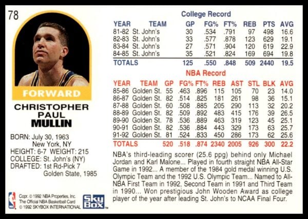 1992-93 Hoops Series 1 Chris Mullin #78 (Back)