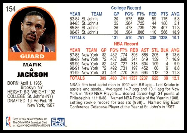 1992-93 Hoops Series 1 Mark Jackson #154 (Back)