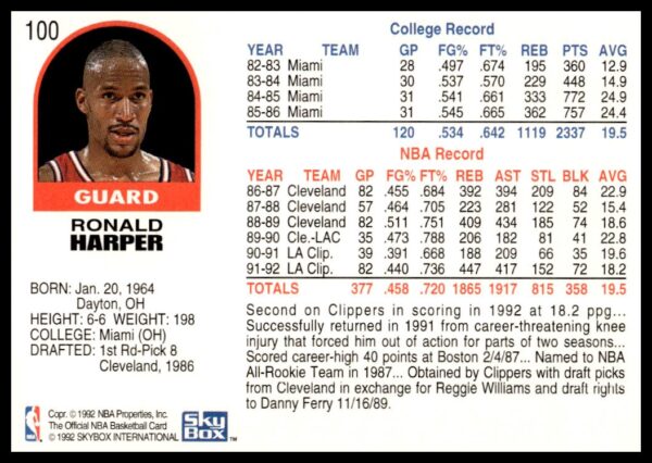 1992-93 Hoops Series 1 Ron Harper #100 (Back)