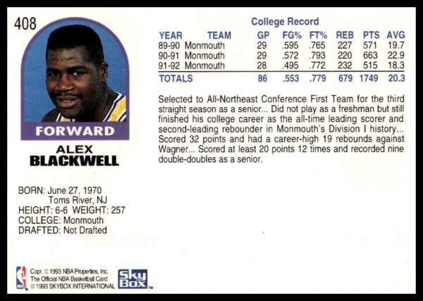 1992-93 Hoops Series 2 Alex Blackwell #408 (Back)