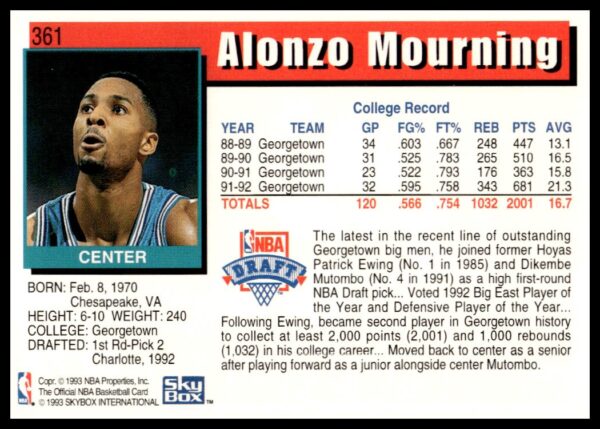 1992-93 Hoops Series 2 Alonzo Mourning #361 (Back)