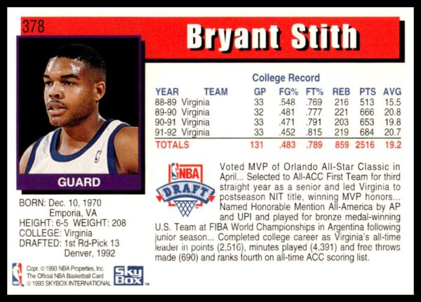 1992-93 Hoops Series 2 Bryant Stith #378 (Back)