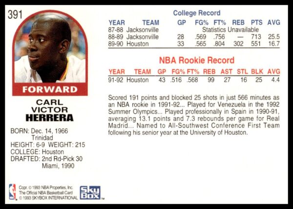 1992-93 Hoops Series 2 Carl Herrera #391 (Back)