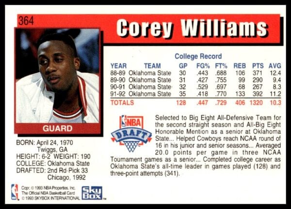 1992-93 Hoops Series 2 Corey Williams #364 (Back)