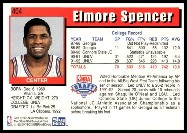 1992-93 Hoops Series 2 Elmore Spencer #404 (Back)