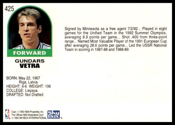 1992-93 Hoops Series 2 Gundars Vetra #425 (Back)