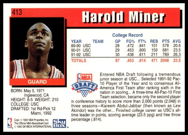 1992-93 Hoops Series 2 Harold Miner #413 (Back)