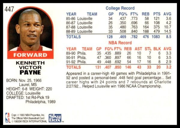 1992-93 Hoops Series 2 Kenny Payne #447 (Back)