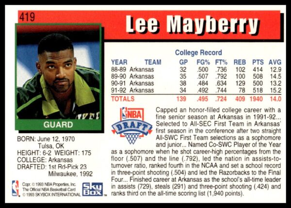 1992-93 Hoops Series 2 Lee Mayberry #419 (Back)