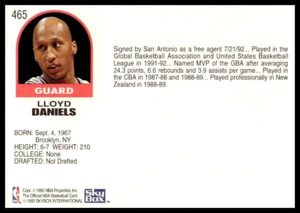 1992-93 Hoops Series 2 Lloyd Daniels #465 (Back)