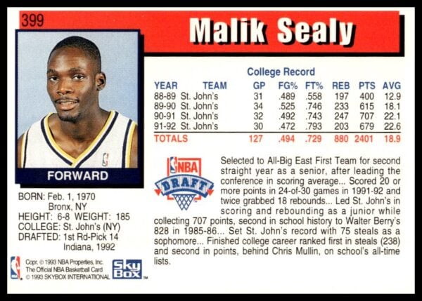 1992-93 Hoops Series 2 Malik Sealy #399 (Back)