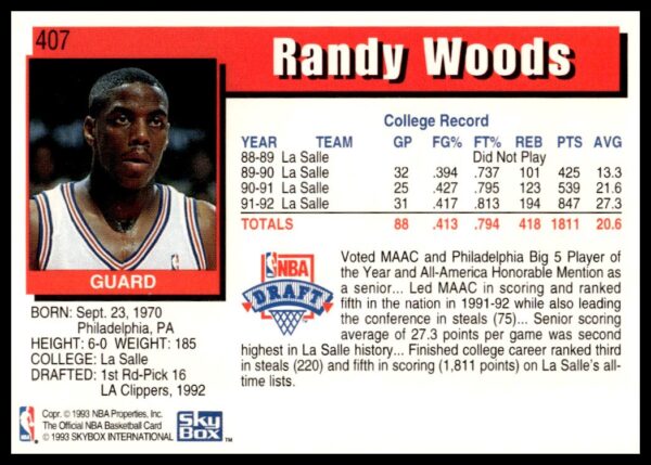 1992-93 Hoops Series 2 Randy Woods #407 (Back)