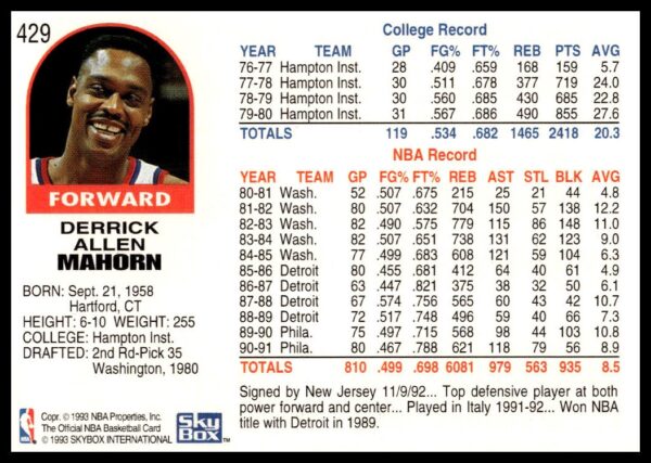 1992-93 Hoops Series 2 Rick Mahorn #429 (Back)