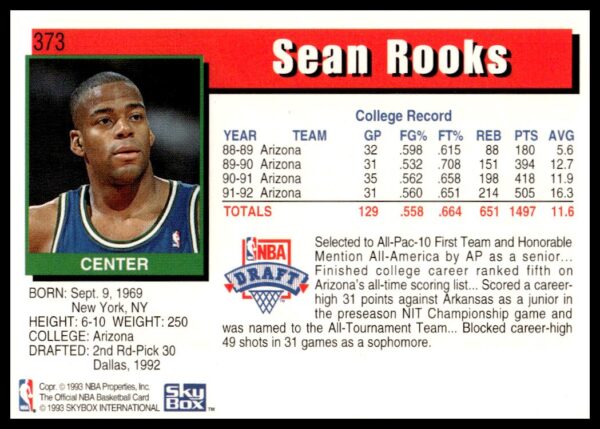 1992-93 Hoops Series 2 Sean Rooks #373 (Back)