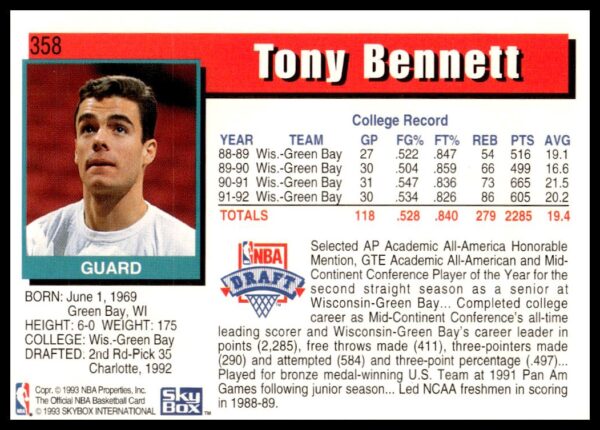 1992-93 Hoops Series 2 Tony Bennett #358 (Back)