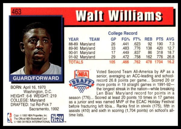 1992-93 Hoops Series 2 Walt Williams #463 (Back)