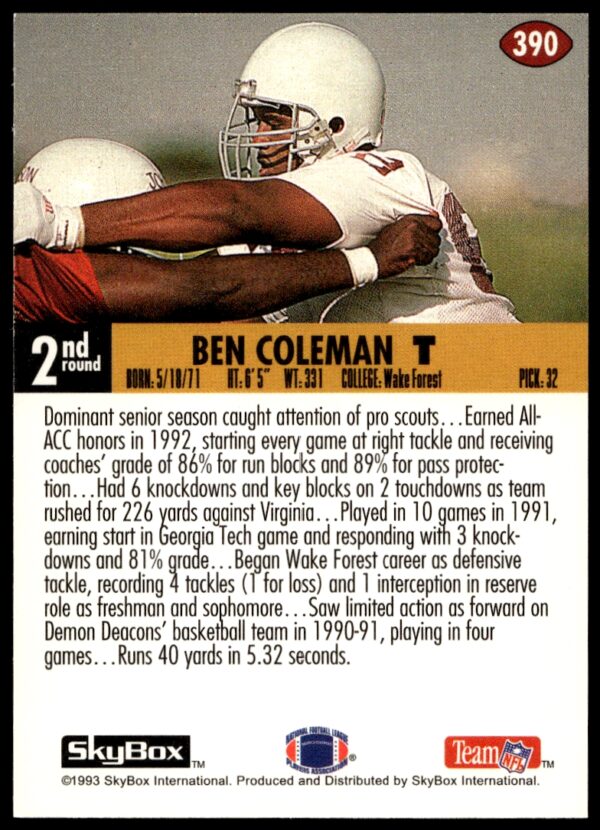 1993 SkyBox Impact Ben Coleman #390 (Back)