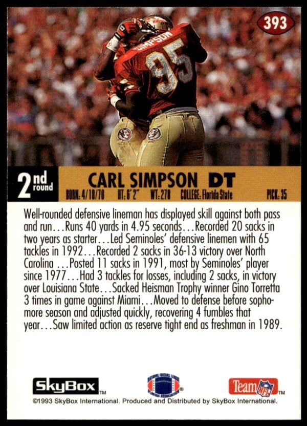 1993 SkyBox Impact Carl Simpson #393 (Back)