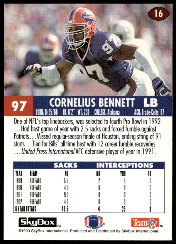 1993 SkyBox Impact Cornelius Bennett #16 (Back)