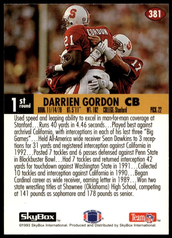 1993 SkyBox Impact Darrien Gordon #381 (Back)