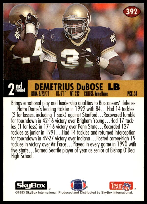 1993 SkyBox Impact Demetrius DuBose #392 (Back)