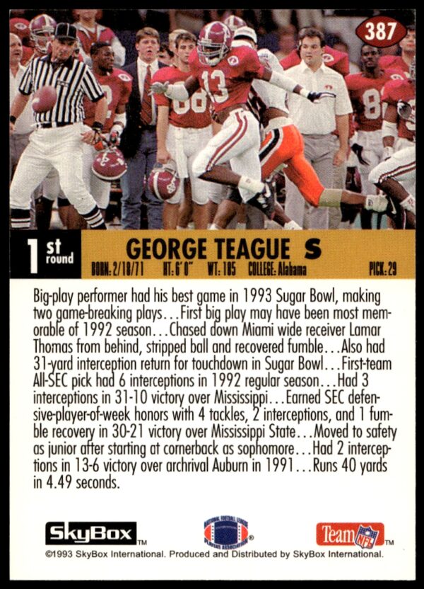 1993 SkyBox Impact George Teague #387 (Back)