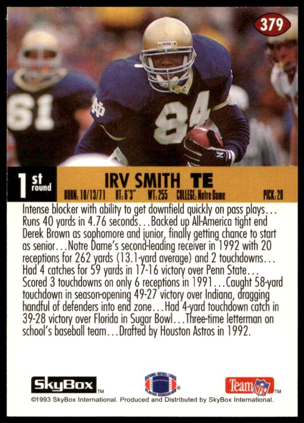 1993 SkyBox Impact Irv Smith #379 (Back)