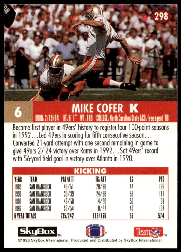 1993 SkyBox Impact Mike Cofer #298 (Back)