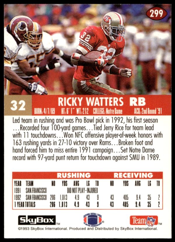 1993 SkyBox Impact Ricky Watters #299 (Back)