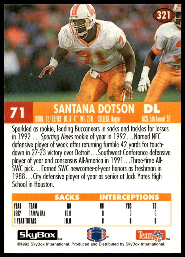 1993 SkyBox Impact Santana Dotson #321 (Back)