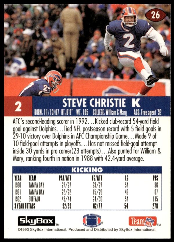 1993 SkyBox Impact Steve Christie #26 (Back)