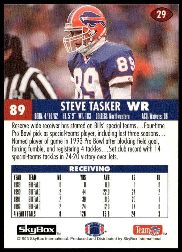 1993 SkyBox Impact Steve Tasker #29 (Back)