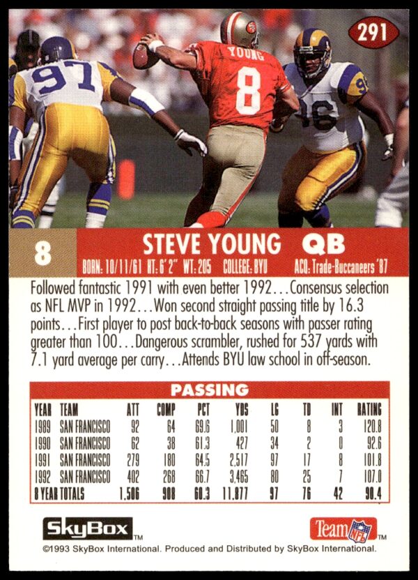 1993 SkyBox Impact Steve Young #291 (Back)