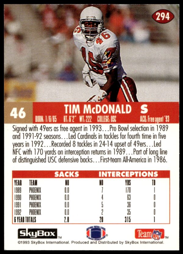 1993 SkyBox Impact Tim McDonald #294 (Back)